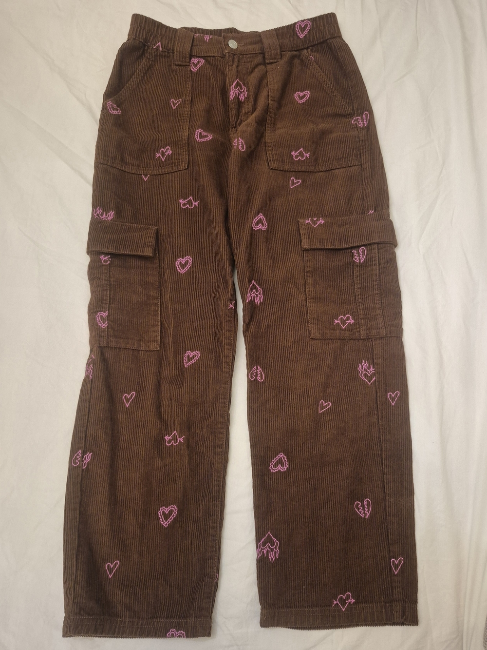 PacSun Brown Corduroy Cargo Pants with Pink Heart Embroidery